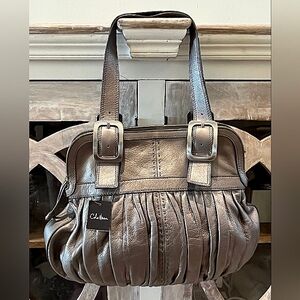 Cole Haan Rouched Vintage Silver Leather Satchel New With Tags